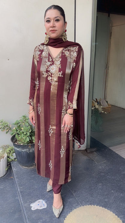 Charkha Wine Gold Hand work Designer Suit