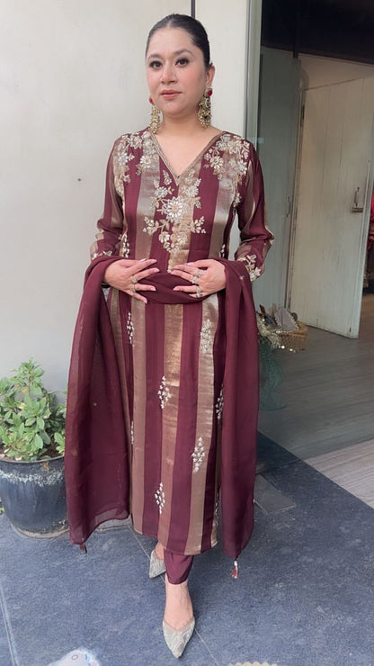 Charkha Wine Gold Hand work Designer Suit