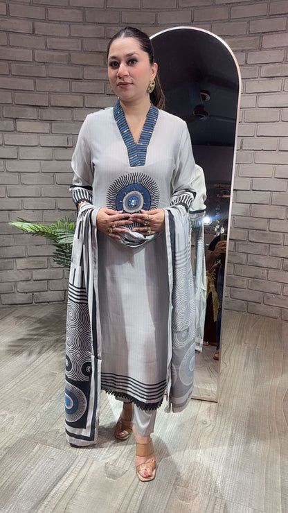 Pyaz Grey Cotton mul mul Designer Suit