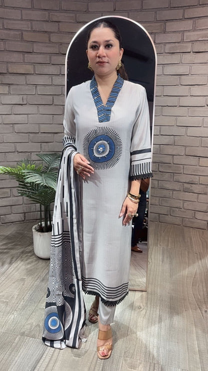 Pyaz Grey Cotton mul mul Designer Suit