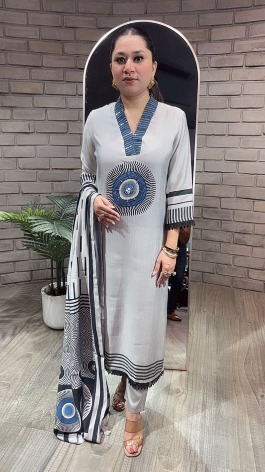 Pyaz Grey Cotton mul mul Designer Suit