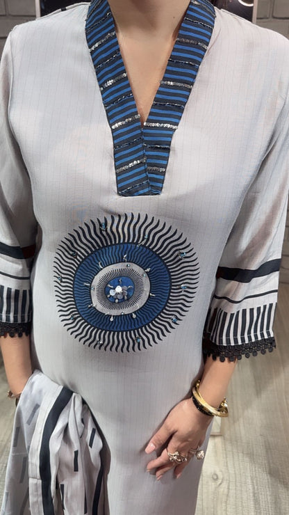 Pyaz Grey Cotton mul mul Designer Suit