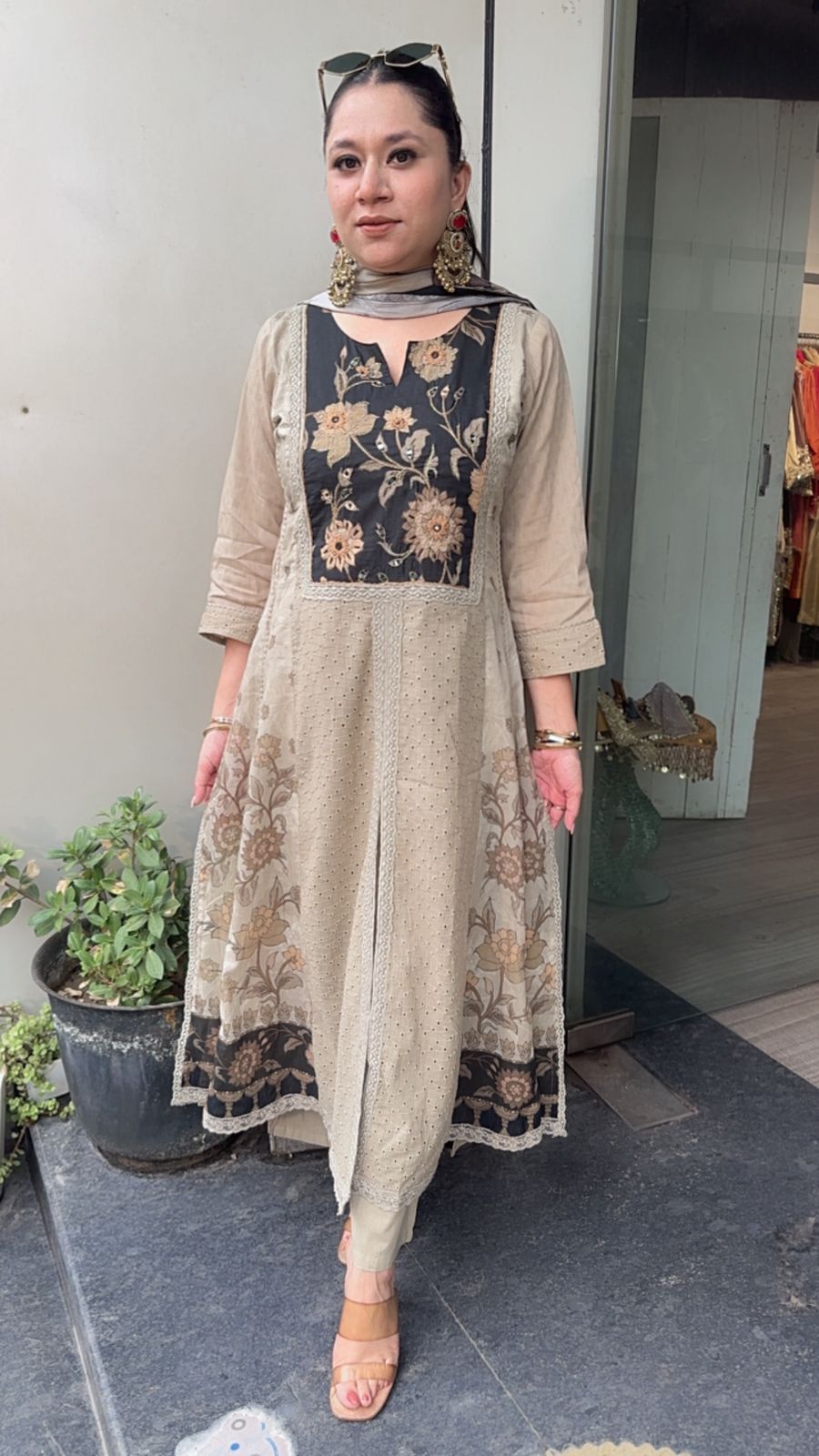 Lagan Beige A-line Front Cut Cotton Designer Suit