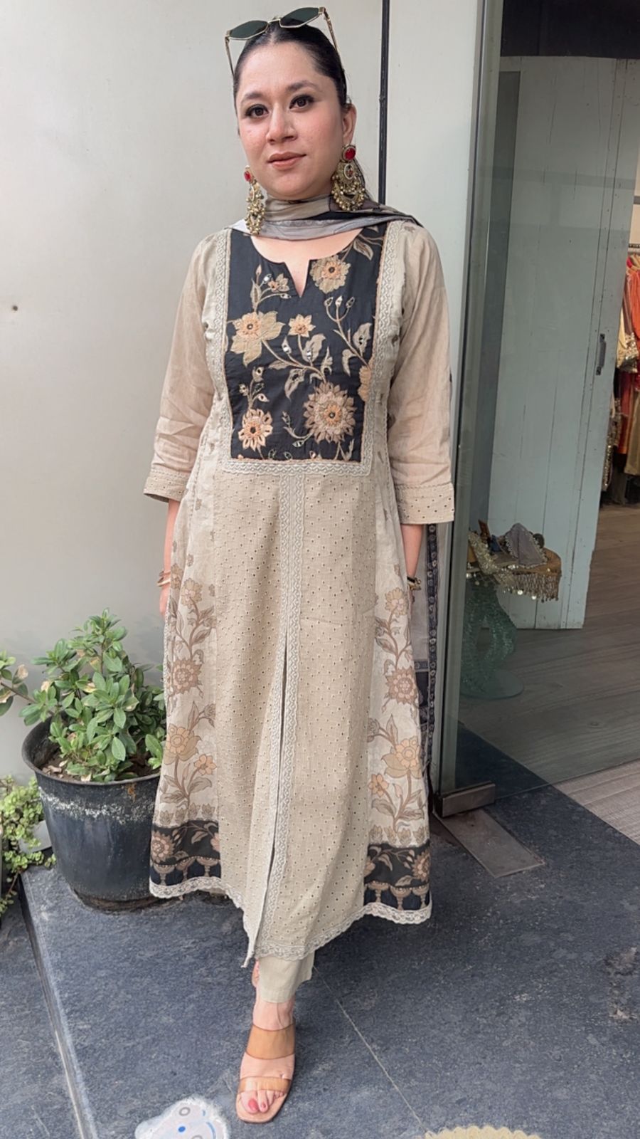 Lagan Beige A-line Front Cut Cotton Designer Suit