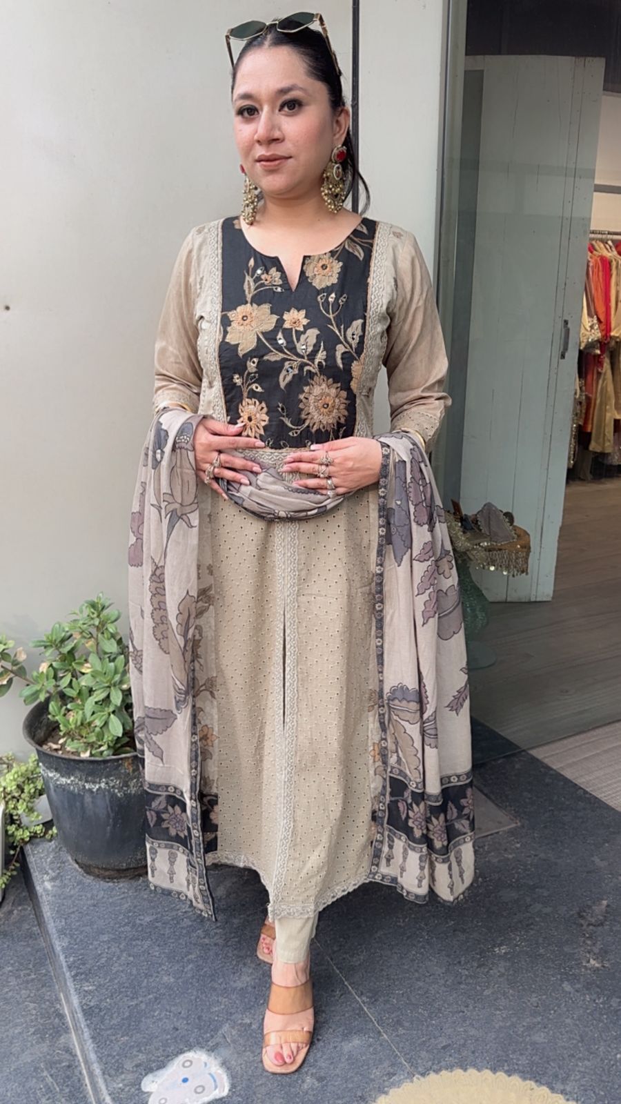Lagan Beige A-line Front Cut Cotton Designer Suit
