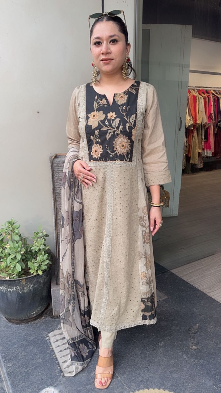 Lagan Beige A-line Front Cut Cotton Designer Suit