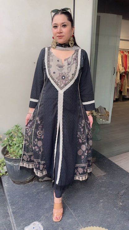Wish Black A-line Front Cut Cotton Designer Suit