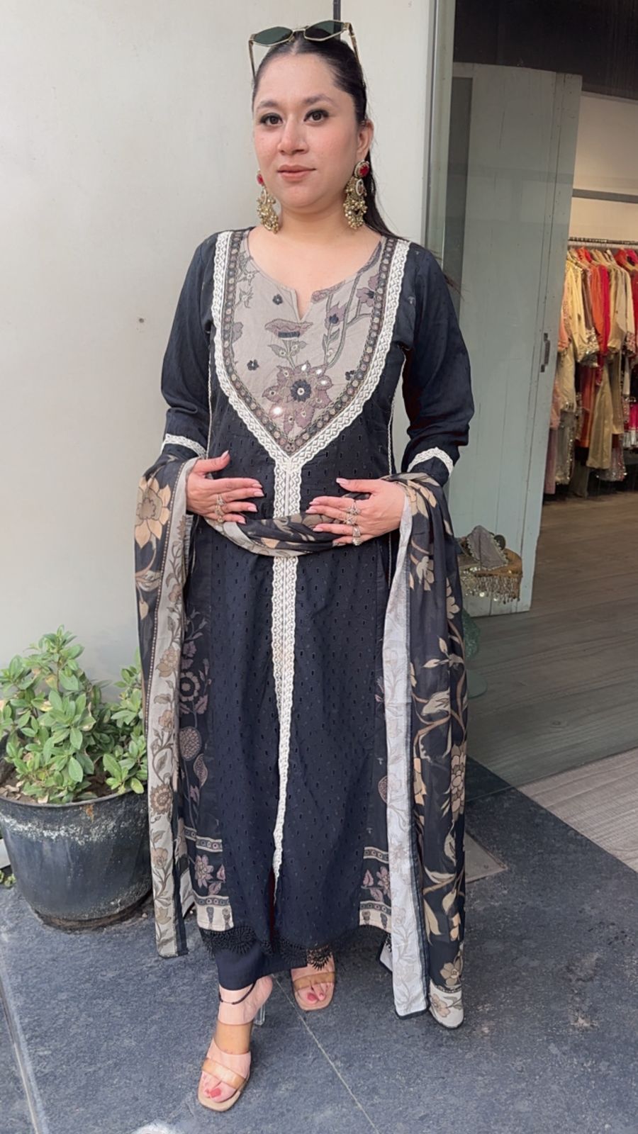 Wish Black A-line Front Cut Cotton Designer Suit
