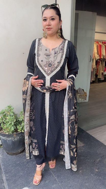 Wish Black A-line Front Cut Cotton Designer Suit