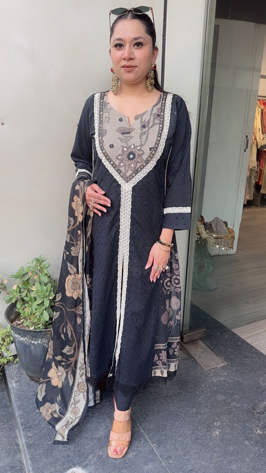 Wish Black A-line Front Cut Cotton Designer Suit