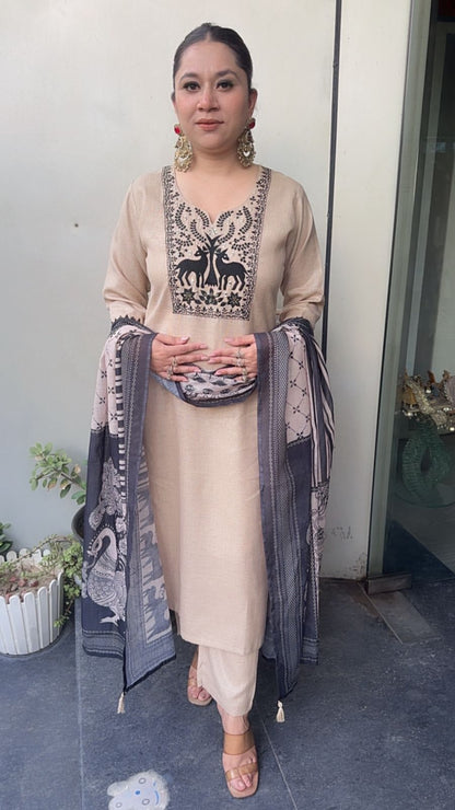 Moose Beige Digital printed Cotton Designer Suit