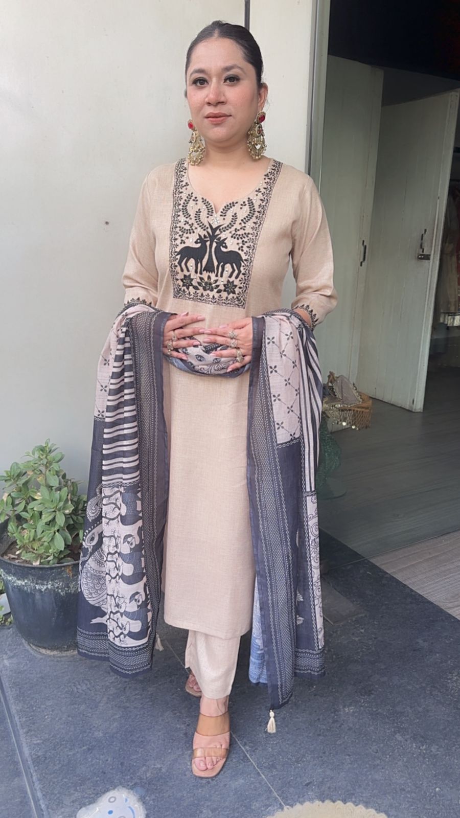 Moose Beige Digital printed Cotton Designer Suit
