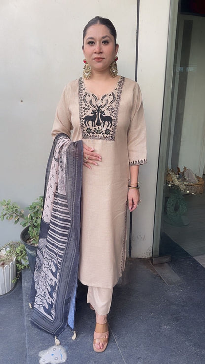 Moose Beige Digital printed Cotton Designer Suit