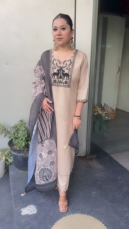 Moose Beige Digital printed Cotton Designer Suit