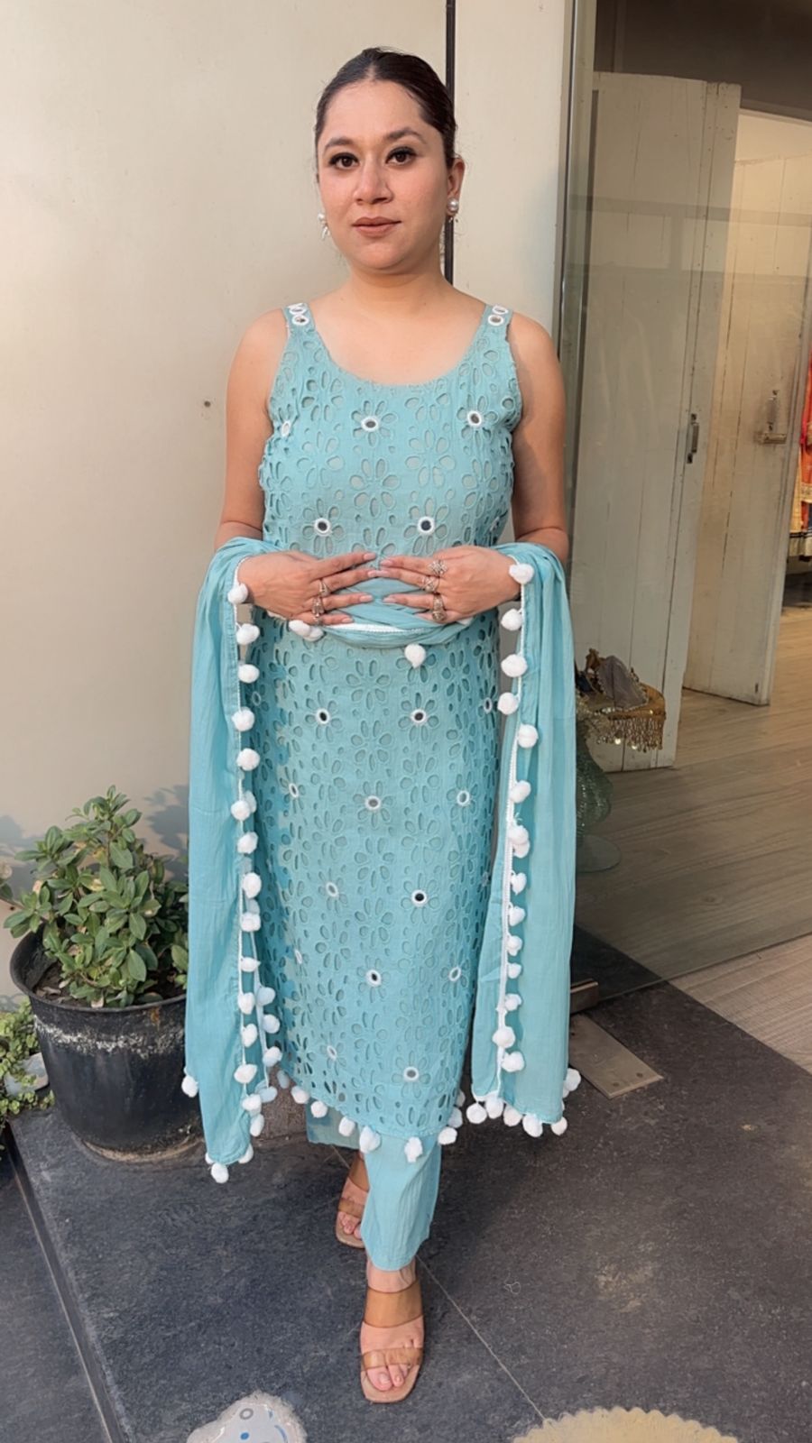 Pearl Terquish Blue Chiffle Designer Suit (Sleeve Fabric Attached)