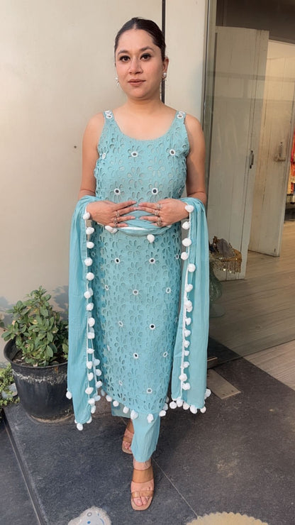 Pearl Terquish Blue Chiffle Designer Suit (Sleeve Fabric Attached)