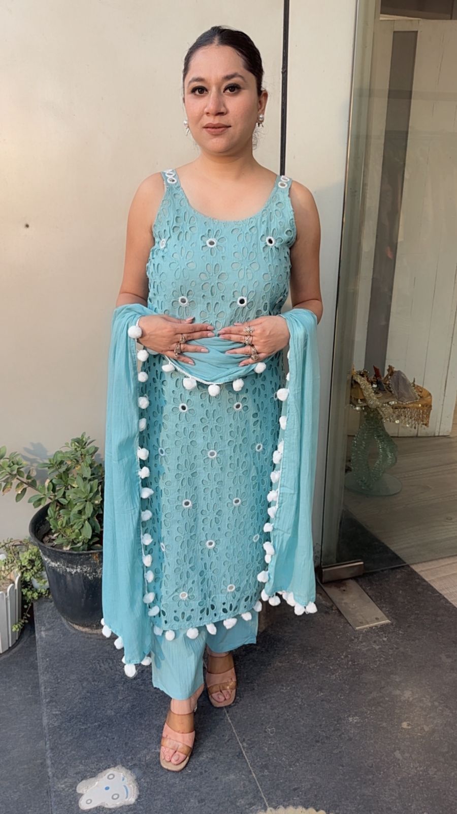 Pearl Terquish Blue Chiffle Designer Suit (Sleeve Fabric Attached)