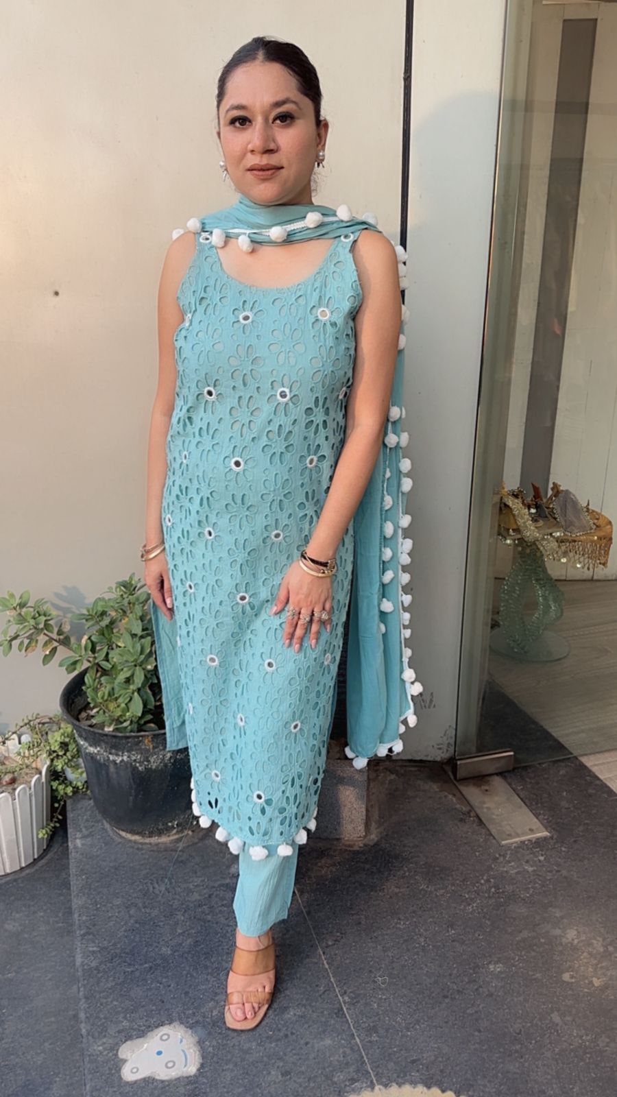 Pearl Terquish Blue Chiffle Designer Suit (Sleeve Fabric Attached)