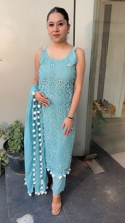 Pearl Terquish Blue Chiffle Designer Suit (Sleeve Fabric Attached)