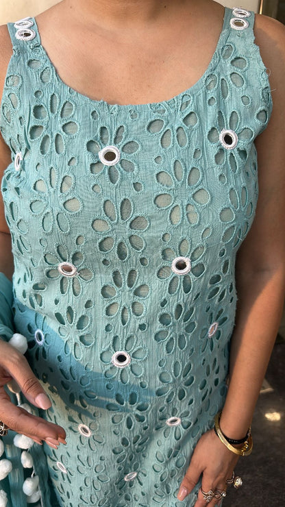 Pearl Terquish Blue Chiffle Designer Suit (Sleeve Fabric Attached)