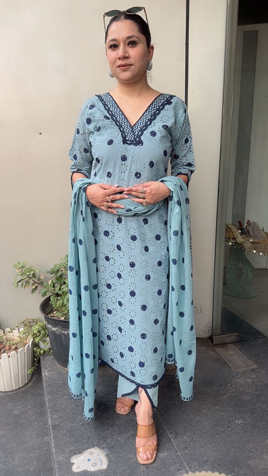 Tokyo Blue Polka chiffle Designer Suit