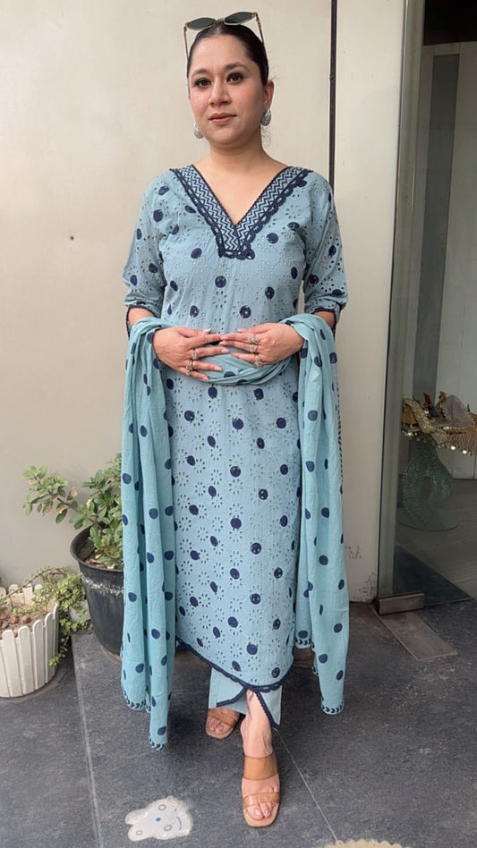 Tokyo Blue Polka chiffle Designer Suit
