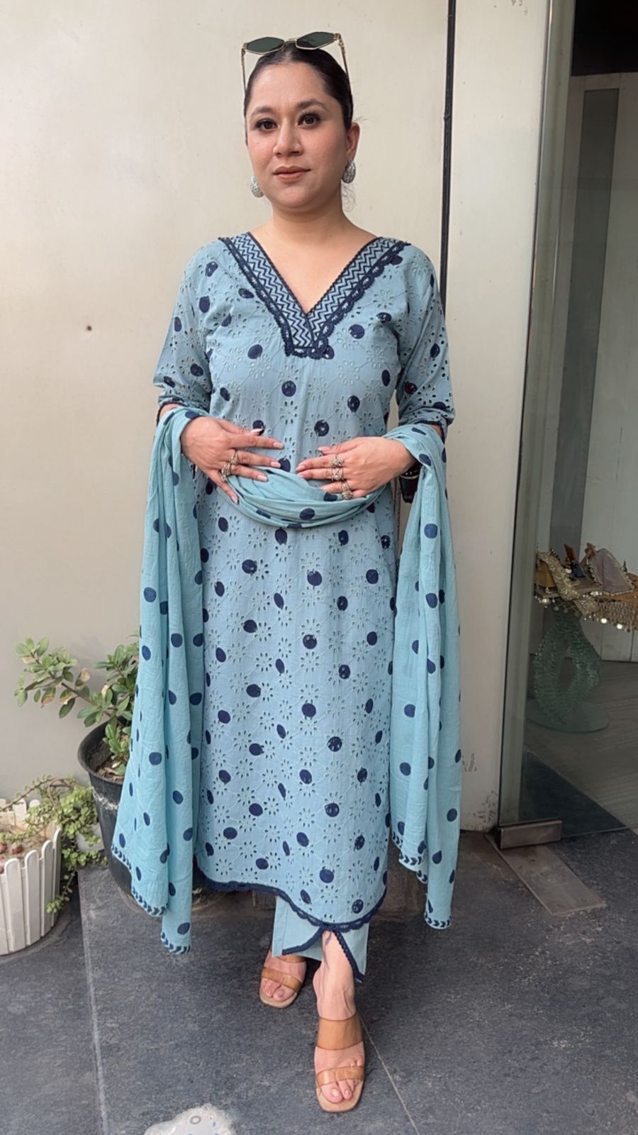 Tokyo Blue Polka chiffle Designer Suit