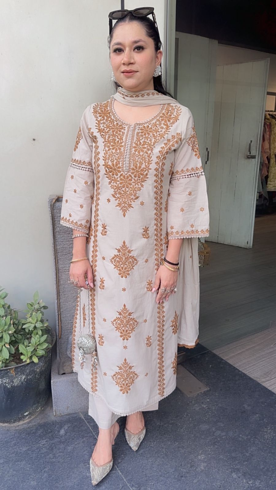 Lucknowi Beige Mustard Chikankari A-Line Cotton Suit