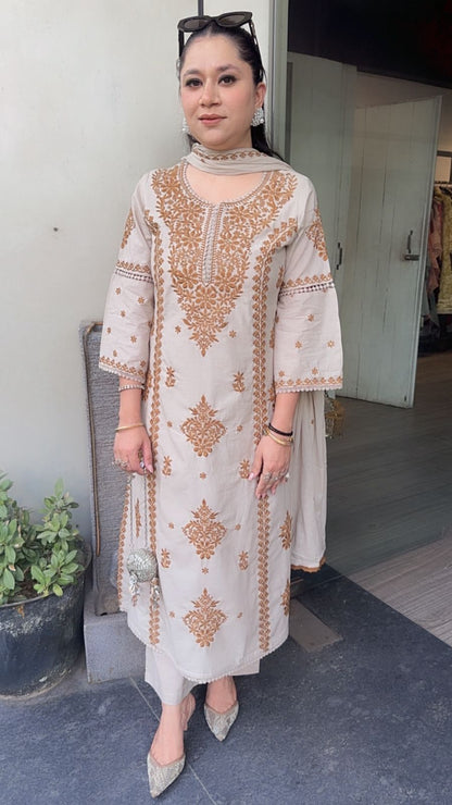 Lucknowi Beige Mustard Chikankari A-Line Cotton Suit