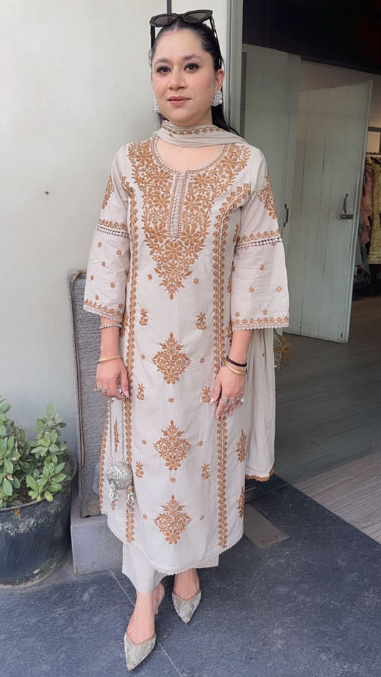 Lucknowi Beige Mustard Chikankari A-Line Cotton Suit