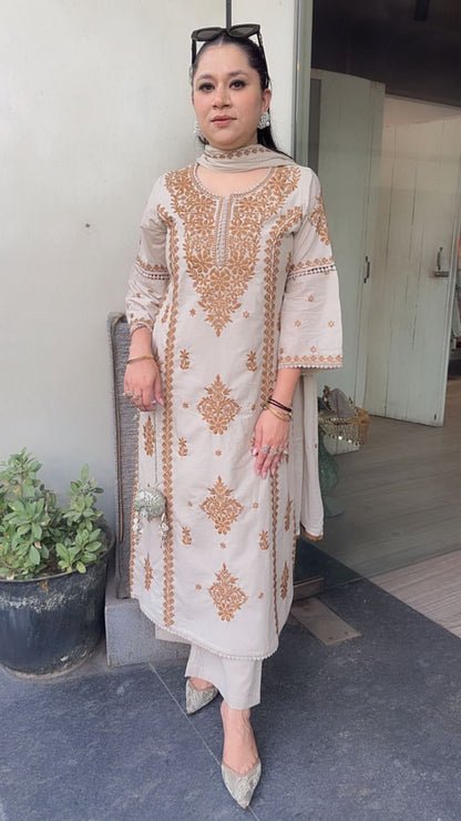 Lucknowi Beige Mustard Chikankari A-Line Cotton Suit