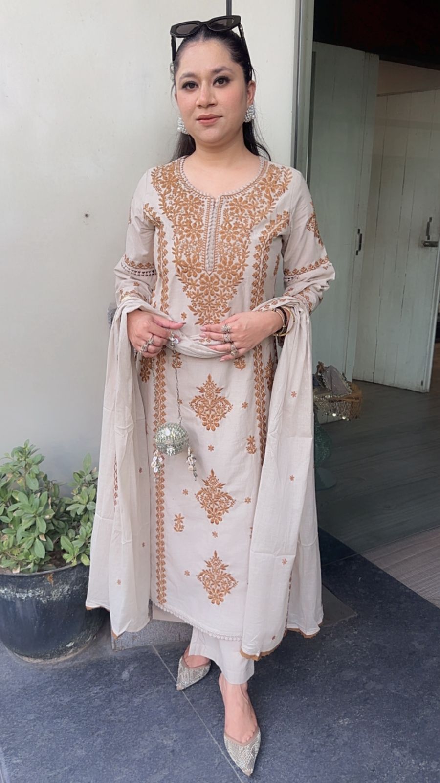 Lucknowi Beige Mustard Chikankari A-Line Cotton Suit
