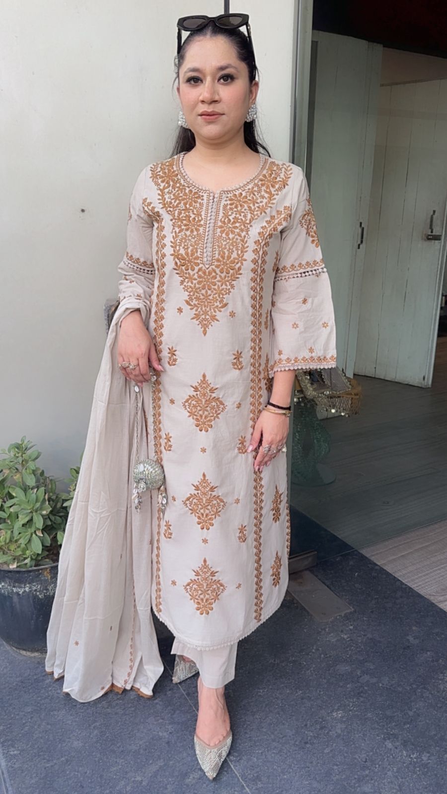Lucknowi Beige Mustard Chikankari A-Line Cotton Suit