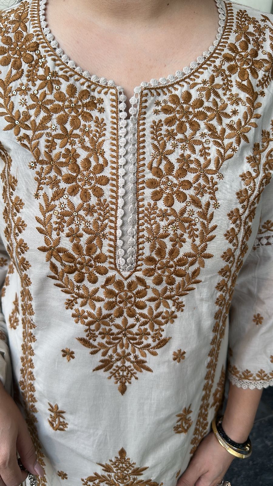 Lucknowi Beige Mustard Chikankari A-Line Cotton Suit