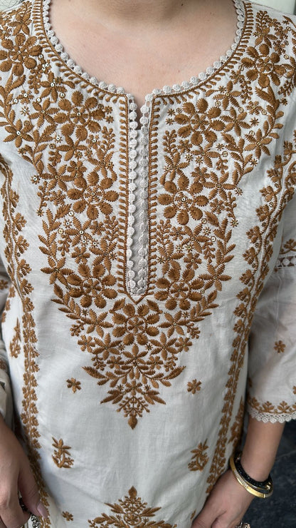 Lucknowi Beige Mustard Chikankari A-Line Cotton Suit