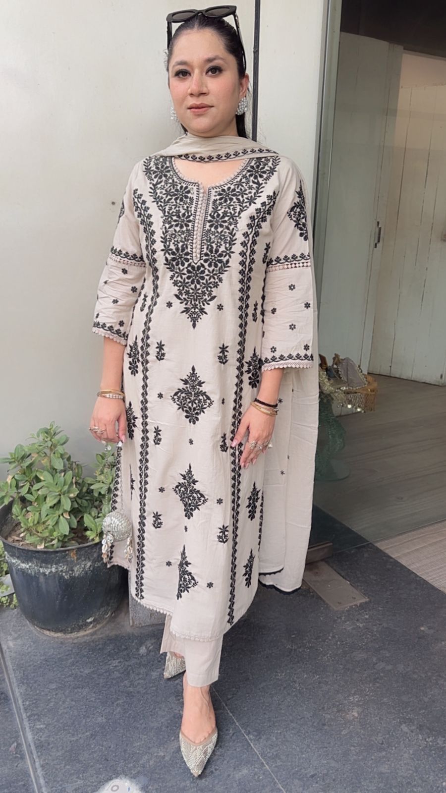 Lucknowi Beige Black  Chikankari A-Line Cotton Suit