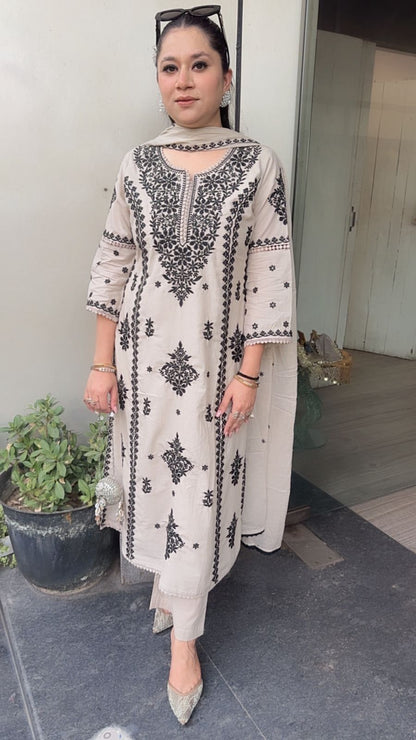 Lucknowi Beige Black  Chikankari A-Line Cotton Suit