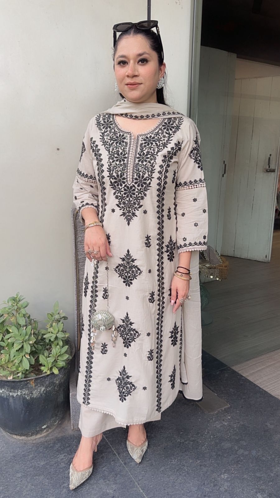 Lucknowi Beige Black  Chikankari A-Line Cotton Suit