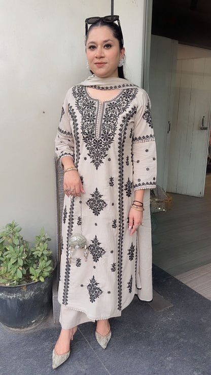 Lucknowi Beige Black  Chikankari A-Line Cotton Suit
