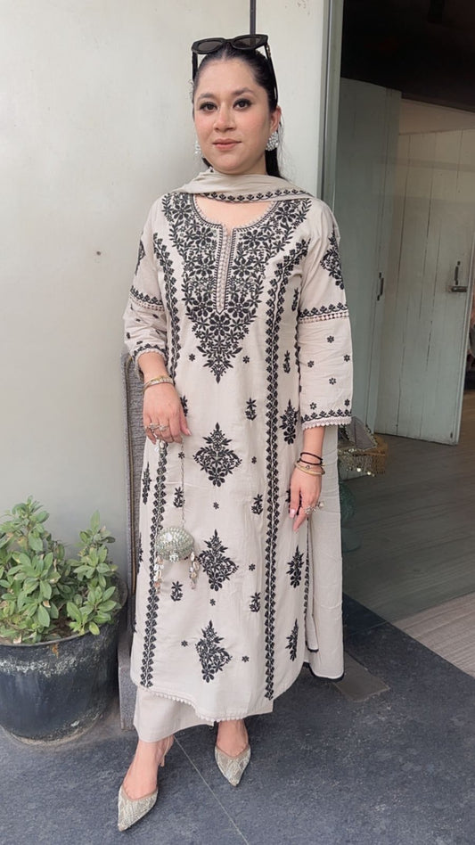 Lucknowi Beige Black  Chikankari A-Line Cotton Suit