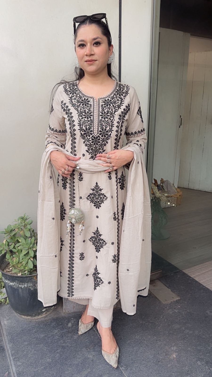 Lucknowi Beige Black  Chikankari A-Line Cotton Suit