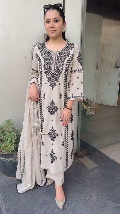 Lucknowi Beige Black  Chikankari A-Line Cotton Suit