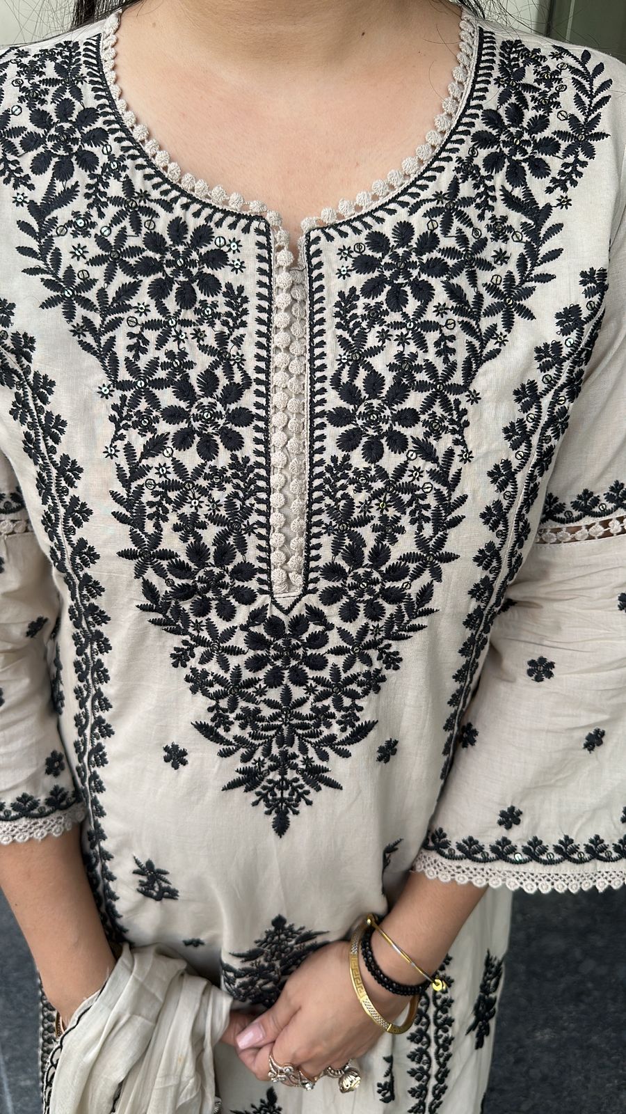 Lucknowi Beige Black  Chikankari A-Line Cotton Suit