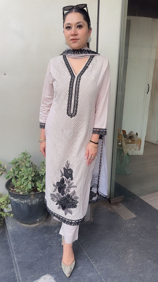 Navab beige lace work Cotton Designer Suit