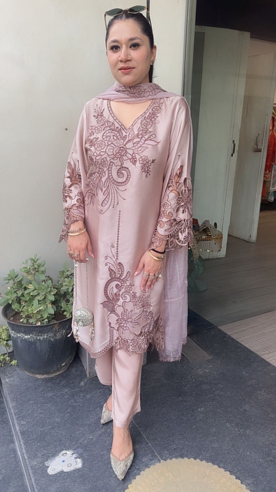 Desire Onion pink Cut work Designer Suit