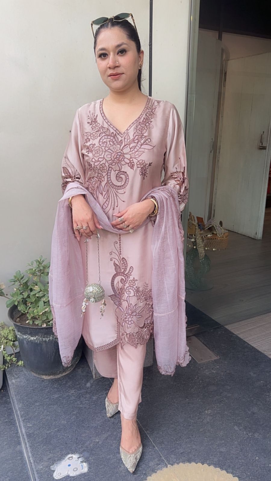 Desire Onion pink Cut work Designer Suit