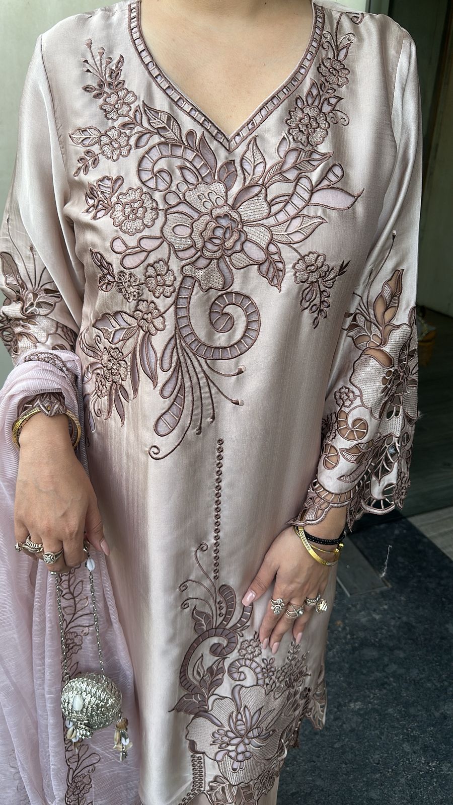 Desire Onion pink Cut work Designer Suit