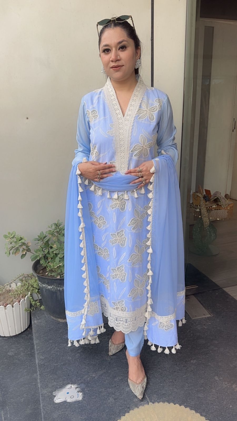 Khayaal Sky Blue Lace work Cotton Designer Suit