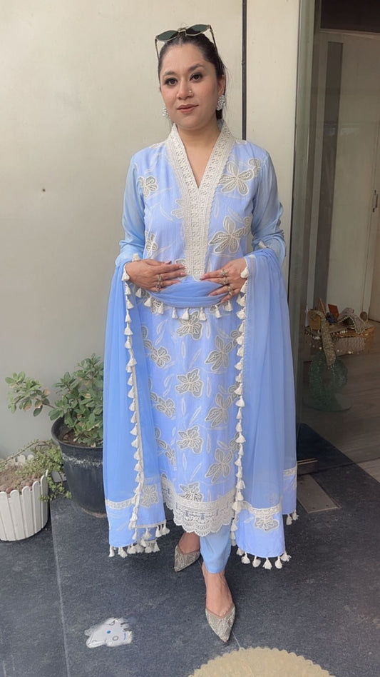 Khayaal Sky Blue Lace work Cotton Designer Suit