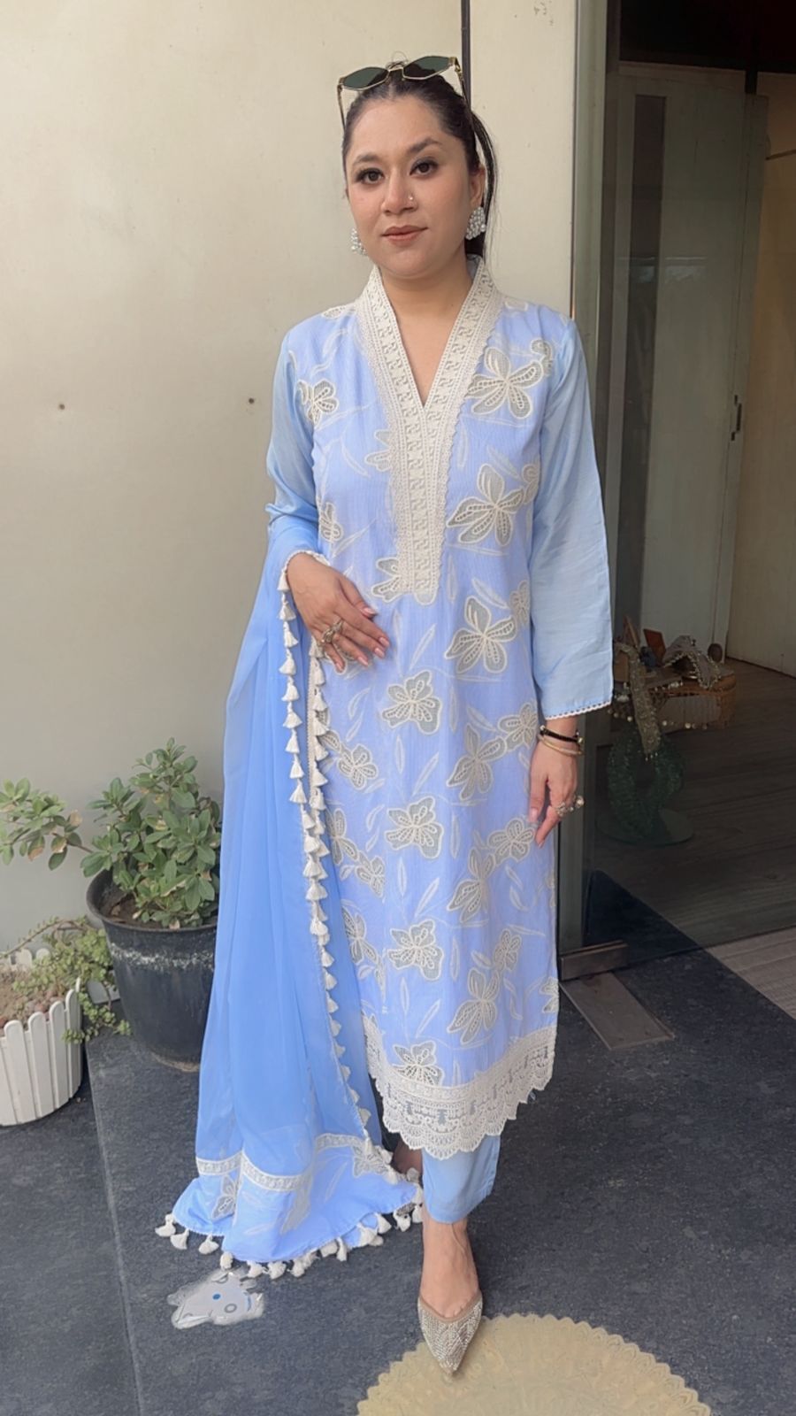 Khayaal Sky Blue Lace work Cotton Designer Suit